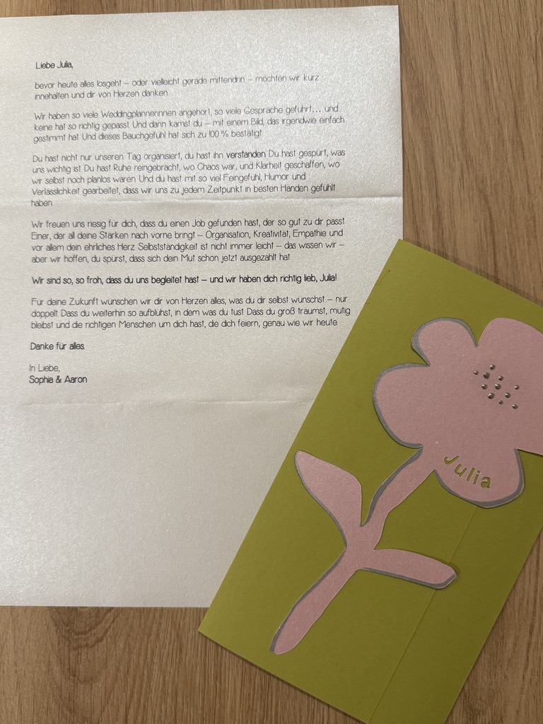 Empfehlung und liebe Worte vom Brautpaar - Love Letter für Hochzeitsplanerin Julia Truisi weddings & parties