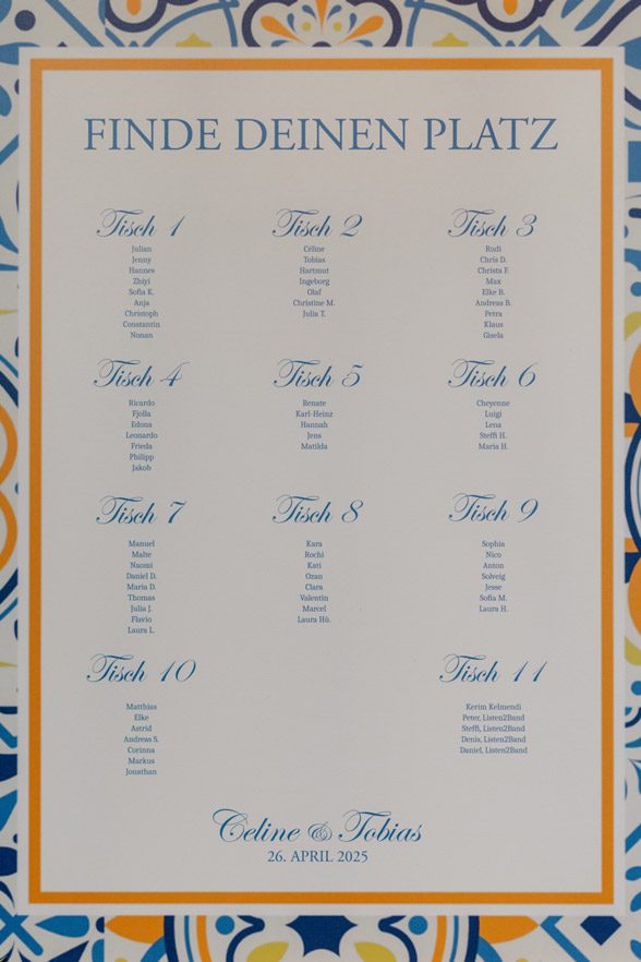 Sitzplan Hochzeit im mediterranen Stil