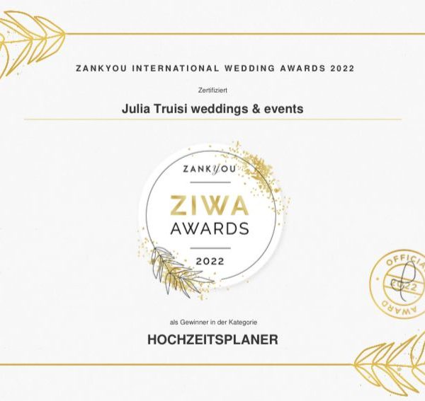 Auszeichnung Beste internationale Hochzeitsplanerin Julia Truisi - Ziwa Awards 2022