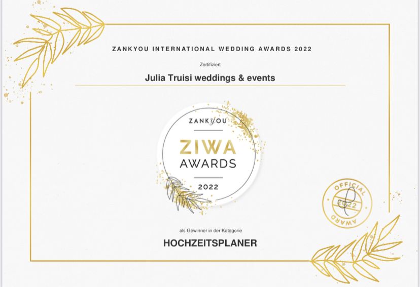 Auszeichnung Beste internationale Hochzeitsplanerin Julia Truisi - Ziwa Awards 2022