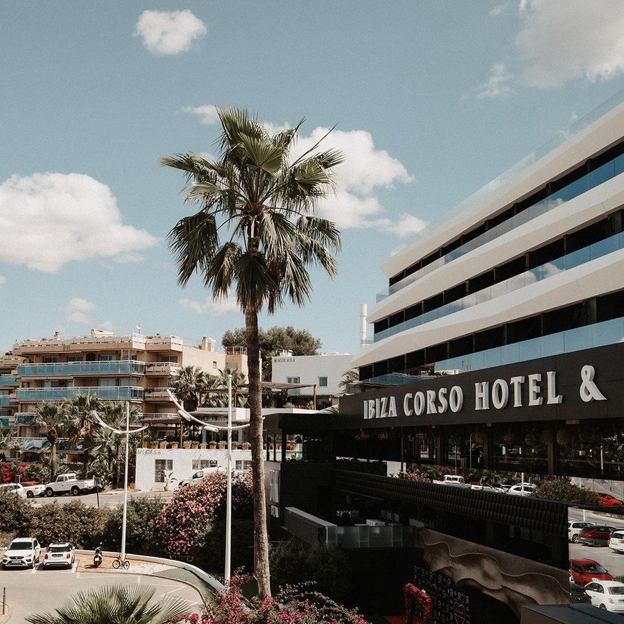 Eventplanung Ibiza: modernes Hotel mit Palme und blühender Bougainvillea unter blauem Himmel