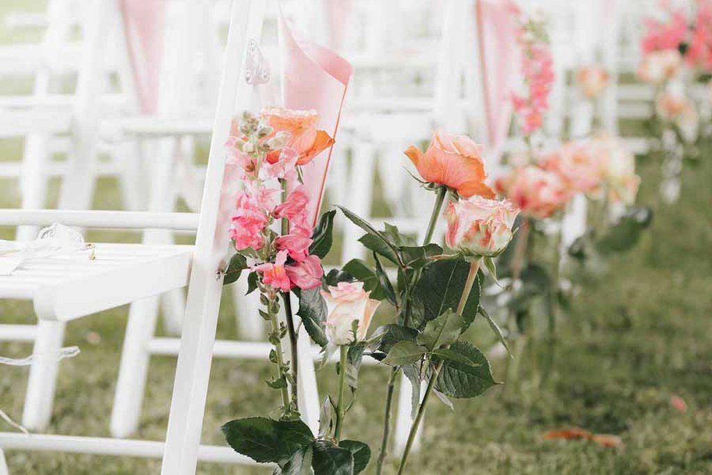 Weiße Stuhlreihe im Garten, an den Lehnen Rosen und Nelken in Korall und Rosé