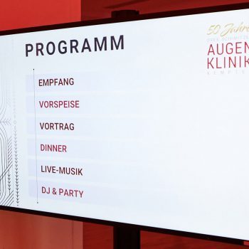 Bildschirmaufnahme der Agenda zur Jubiläumsfeier der Augenklinik Kempten im Kornhaus Kempten.